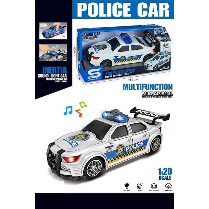 Masina de politie Merkpol scara 1:20, cu lumina si muzica, cu inertie, multicolor, 1 buc