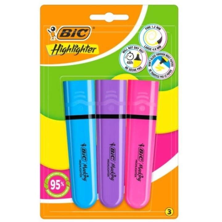 Маркер текст флуоресцентен BIC Marking Flat Pastel, плосък връх, устойчив на изсъхване 48ч, многоцветен, 3 бр