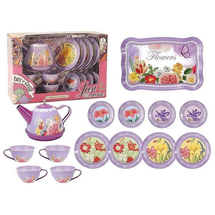 Set de ceai ADAR, serviciu de ceai metalic cu imprimeu floral, Multicolor, 14 piese