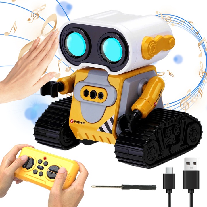 Juksun interaktív robot játék távirányítóval, világító szemekkel és zenével, 360°-os forgással és gesztusvezérléssel, 500mAh akkumulátor, sárga, 11x8x11.5 cm