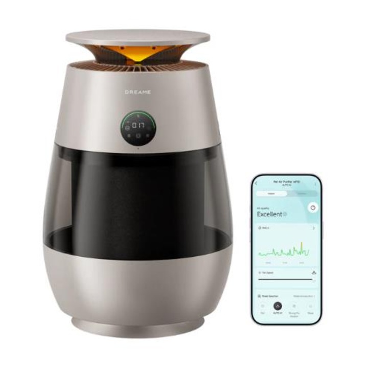 Purificator de aer Dreame Smart Home Pet AP10 CVF61A, Colectare 360, Display intuitiv, 4 moduri smart Argintiu