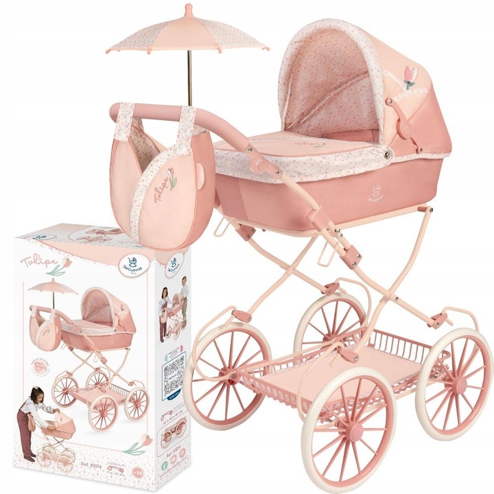 Carucior papusi DeCuevas Toys Tulipe multicolor cu umbrela si geanta