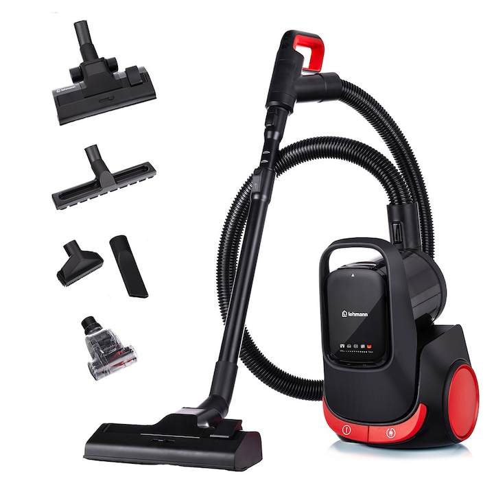 Porzsák nélküli porszívó Lehmann Forza, ciklon rendszerű, 850W, 20 kPa, HEPA szűrő, 6 m kábel, 1.5L tartály, teljesítményszabályozás, erős porszívó szőnyegekhez és kemény padlókhoz, fekete/piros