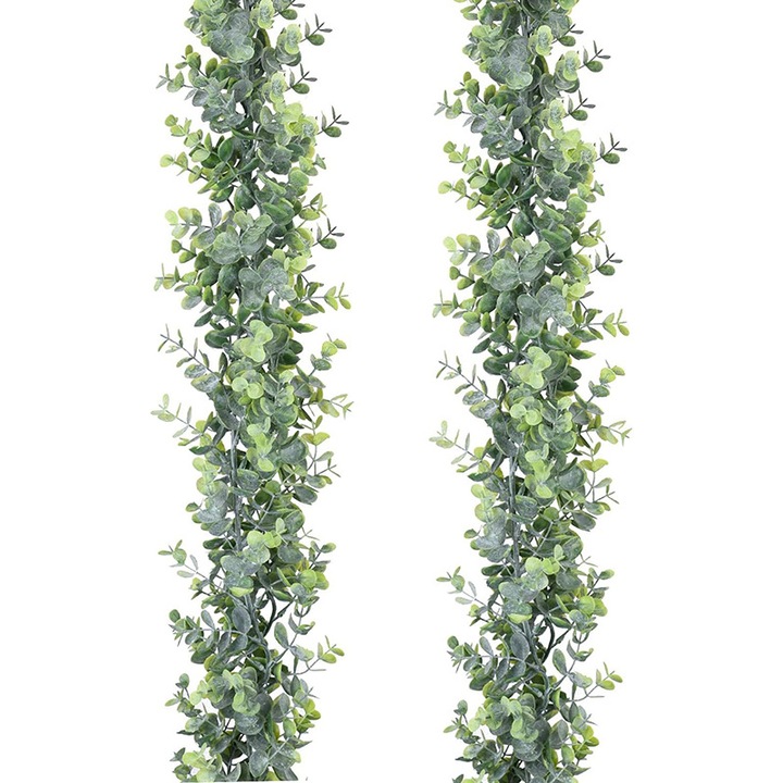 Mesterséges eukaliptusz girland, 2 db mesterséges függő inda szett, eukaliptusz levelek, ív alakú fali dekoráció, 1,8 m/darab, UV védelem, beltéri és kültéri használatra