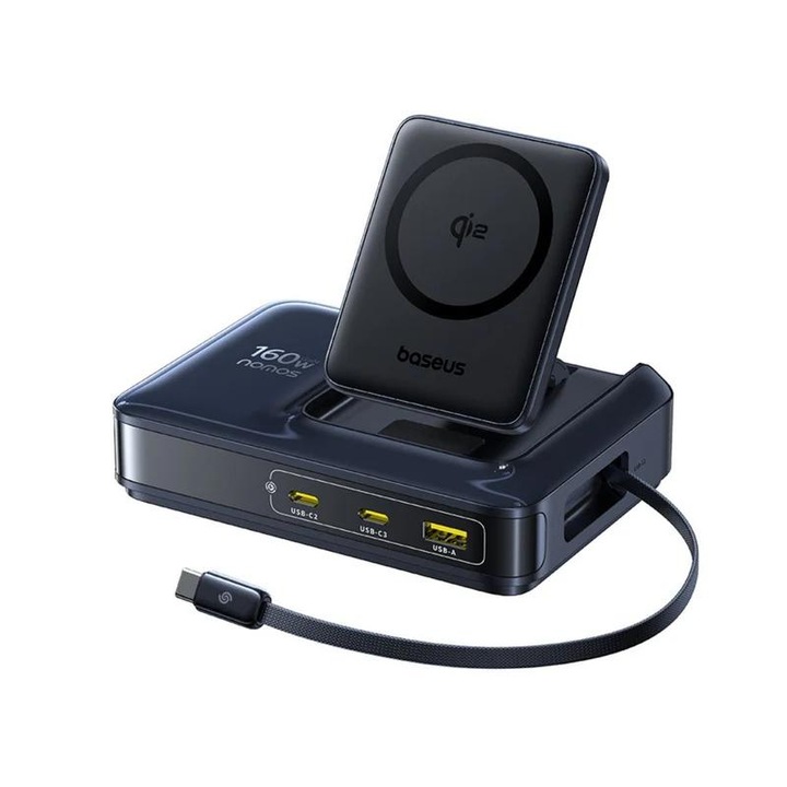 Baseus Nomos NH21 5 az 1-ben hálózati töltőállomás, 160W, Qi2 vezeték nélküli, 1 x USB, 3 x USB Type-C, visszahúzható USB Type-C kábel, fekete