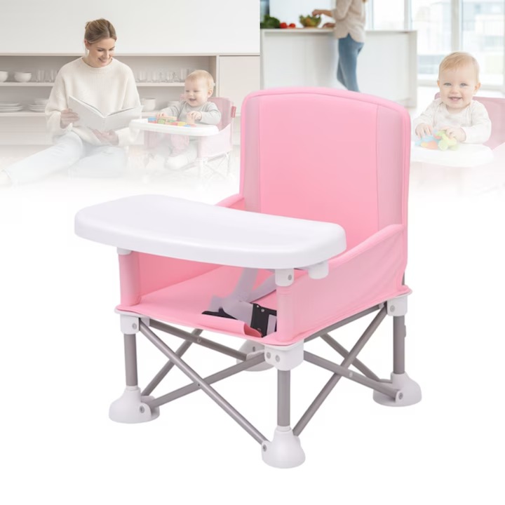 Scaun de masa pentru bebelusi si copii, Simply Joy, Tavita si Husa Detasabile si Lavabile, Multifunctional si Stabil, Centura de siguranta, Cos de depozitare, Roz, +6 luni