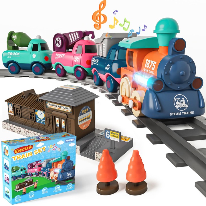 Set de tren electric pentru copii mici si prescolari cu muzica, lumini si sine XICENRM® - Primul trenulet Choo Choo, conexiune magnetica, cadouri de ziua de nastere pentru baieti si fete