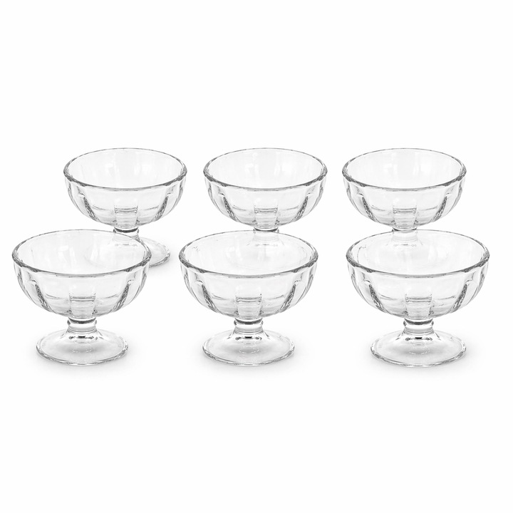 Delisoga 6 darabos üveg fagylaltkehely szett, elegáns, talpas design, ideális desszertekhez, fagylalthoz, gyümölcsökhöz, tartós és könnyen tisztítható, 210 ml, átlátszó