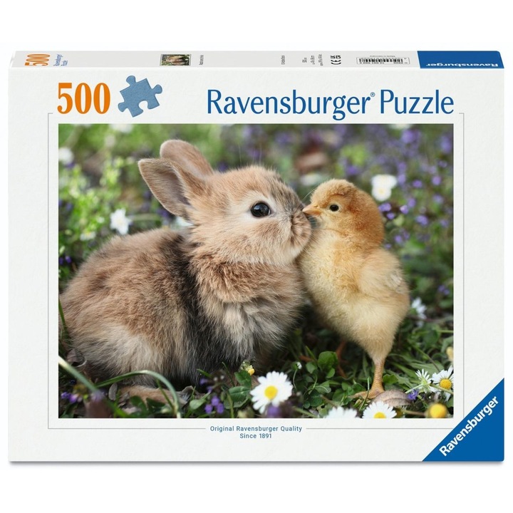 Puzzle Ravensburger Iepure si pui, imagine fotografica primavaratica, licentiat, Multicolor, 500 piese