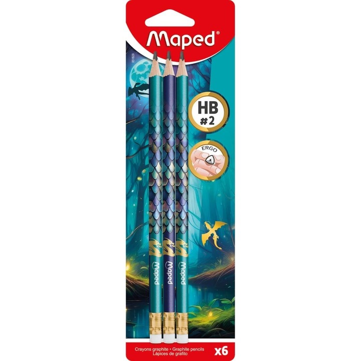 Графитни моливи Maped Dragon, моливи HB #2, с гумичка, многоцветни, 6 бр.