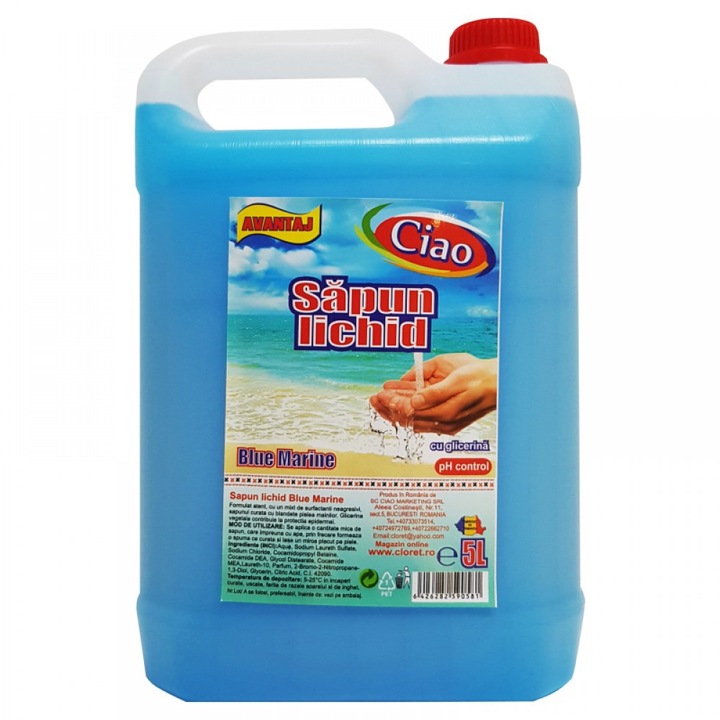 Течен сапун с аромат Blue Marine, икономична опаковка XXL, 5L, глицерин, контролирано pH, Ciao