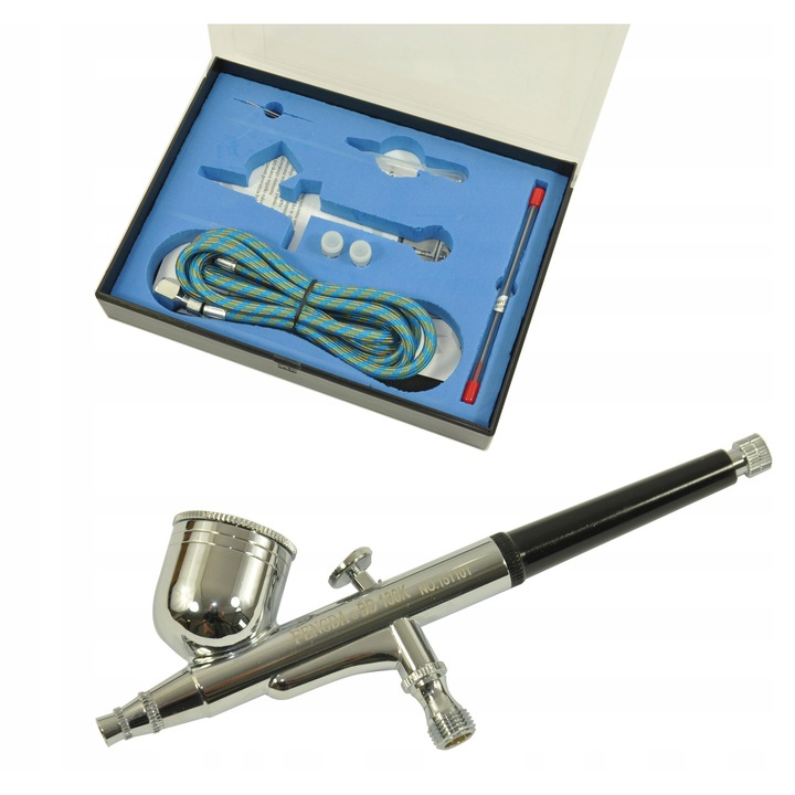 Fenga BD-130K airbrush készlet, 0,2/0,3/0,5 mm fúvókák, kettős működésű, 7 ml tartály, 1,8 m tömlő, 1/8x1/4 redukció, ezüst