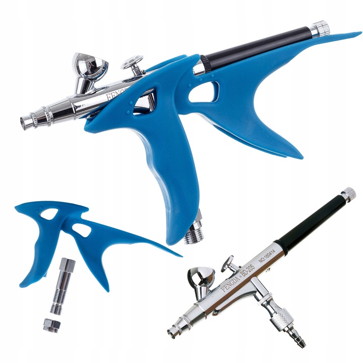 Fengda BD-205 aerográf készlet, 0,3 mm-es fúvóka, dupla működésű, ergonomikus tartóval és 1/8-ról 4 mm-re menetes szűkítővel, 2 cm3-es tartály, ezüst/kék