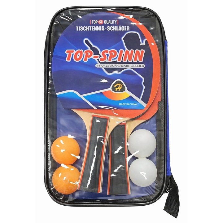 2 db Top-Spinn Professional asztalitenisz ütő szett (pingpong), 4 labdával és hordtáskával, Fekete/Piros