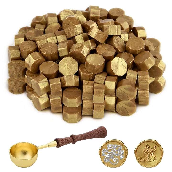 Set Ceara pentru Sigiliu cu Lingura de Topire, 100 de bucati – Margele Octogonale pentru Sigilare Plicuri si Invitatii, Culoare Auriu Elegant, Accesorii Vintage pentru Handmade si Caligrafie