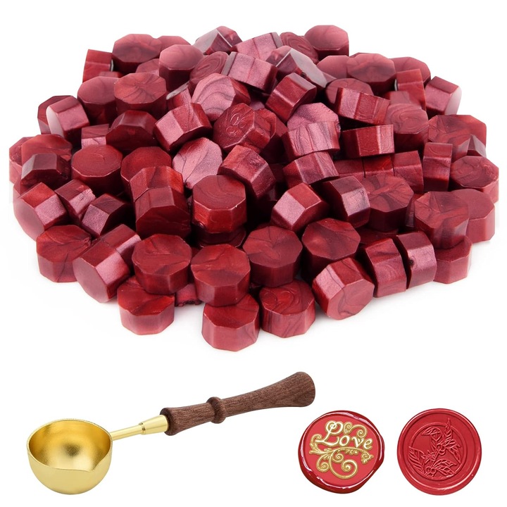 Set Ceara pentru Sigiliu cu Lingura de Topire, 100 de bucati – Margele Octogonale pentru Sigilare Plicuri si Invitatii, Culoare Visiniu Elegant, Accesorii Vintage pentru Handmade si Caligrafie