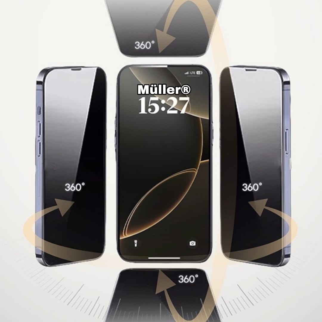 Folie Sticla Privacy Müller® compatibila cu Iphone 17e, Privacy 360°, securitate 4 parti, Deblocare prin Amprenta, Full Cover 3D, Full Glue, Duritate Militara, Ultra HD, Anti Zgarieturi, Anti Socuri, Sticla Securizata, Negru, Set Curatare, 4 buc Stickere