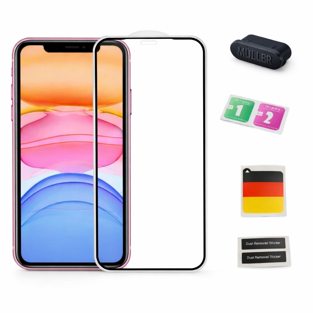 Folie protectie telefon, tempered glass, compatibila cu iPhone 17e, include Set Curatare si 4 buc Stickere Muller® Indepartare Praf Display/ Ecran din Sticla, plus Dop Anti-praf Müller® pentru Port Type C