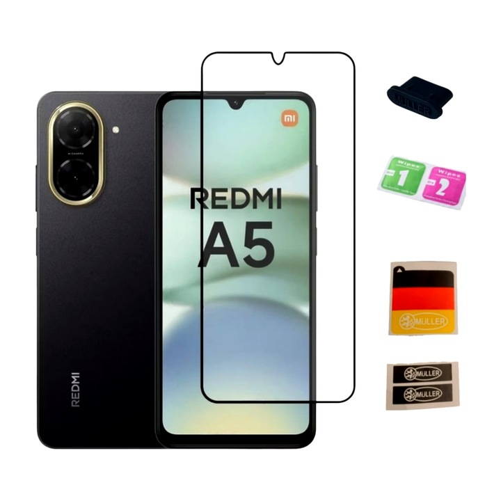 Folie Tempered glass pentru Xiaomi Redmi 14C, Xiaomi Redmi A5, include Set Curatare si 4 buc Stickere Muller® Indepartare Praf Display/ Ecran din Sticla, plus Dop Anti-praf Müller® pentru Port Type C