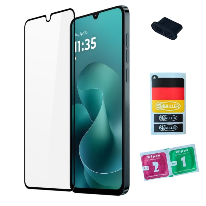 Folie de protectie tempered glass compatibila cu Motorola Moto G06 / G06 Power full glue, include Set Curatare si 4 buc Stickere Muller® Indepartare Praf Display/ Ecran din Sticla, plus Dop Anti-praf Müller® pentru Port Type C