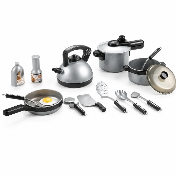 Set Bucatarie Copii Cu Accesorii Complete Pentru Gatit, Jucarie Interactiva De Rol Cu Design Realist Bucatarie, Set Educativ Pentru Dezvoltarea Creativitatii Si Imaginatiei Copii 3+ Ani, Argintiu