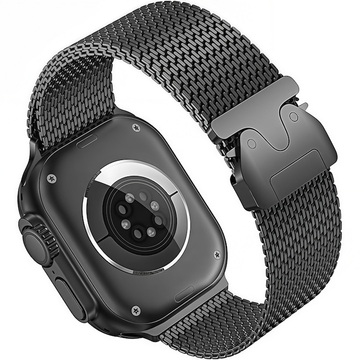 Curea din titan pentru Apple Watch Ultra 3，Bratara Milanese din titan，Aliaj de titan gradul 2，44/45/46/49mm，Bratara cu lant de metal si inchizatoare tip parasuta，Durabil ，Reglabil， Prietenos cu pielea，negru
