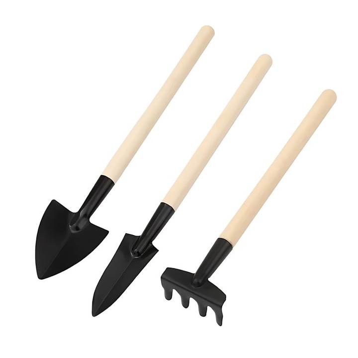 Set de 3 mini unelte de gradinarit - Grebla si lopata mici si usoare pentru mini plante, suculente, plante in ghiveci, unelte pentru bonsai, gradinarit