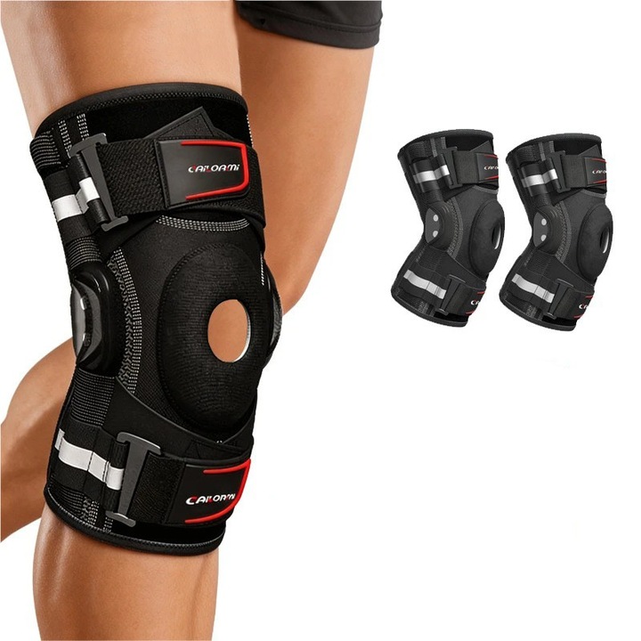 Genunchiera profesionala, suport pentru genunchi, centura de sustinere reglabila cu balamale pentru genunchi, cu stabilizatori laterali dubli detasabili, pad gel anatomic pentru rotula, pentru alergatori si utilizare sportiva, M