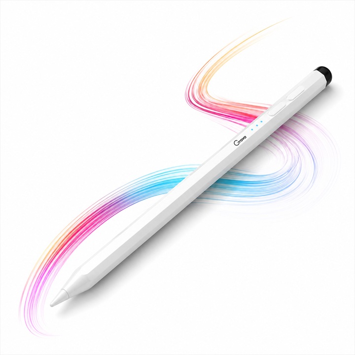 Stylus iPad Grova® Everyday 2‑in‑1, pentru iPad 2018-2025, palm rejection, tilt, fara lag, USB‑C, magnetic, alb