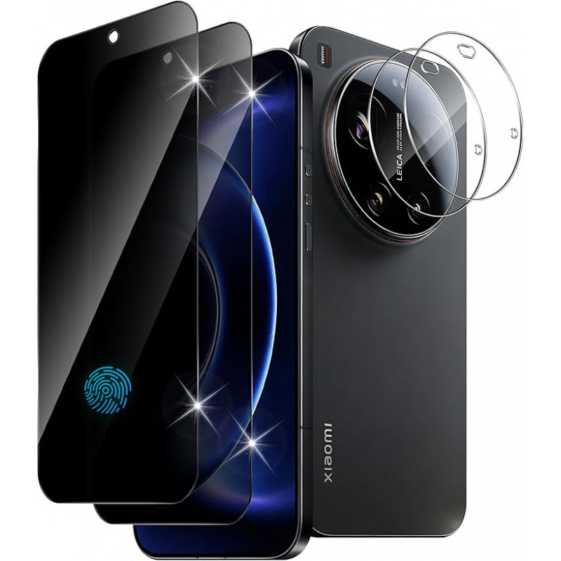 Protector ecran din sticla securizata compatibila cu Xiaomi 17 Ultra, protectie privacy, suport deblocare cu amprenta, duritate 9H, transparent, 2 x folii protectie ecran, 2 x folii protectie lentila
