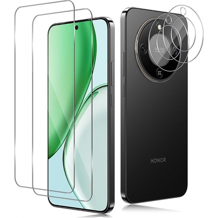Set folii protectie ecran si lentile camera compatibile cu Honor Magic 8 Lite / Magic8 Lite 5G, sticla securizata 9H, 0.33 mm, HD claritate, Transparent, 2 x folie ecran, 2 x folie camera