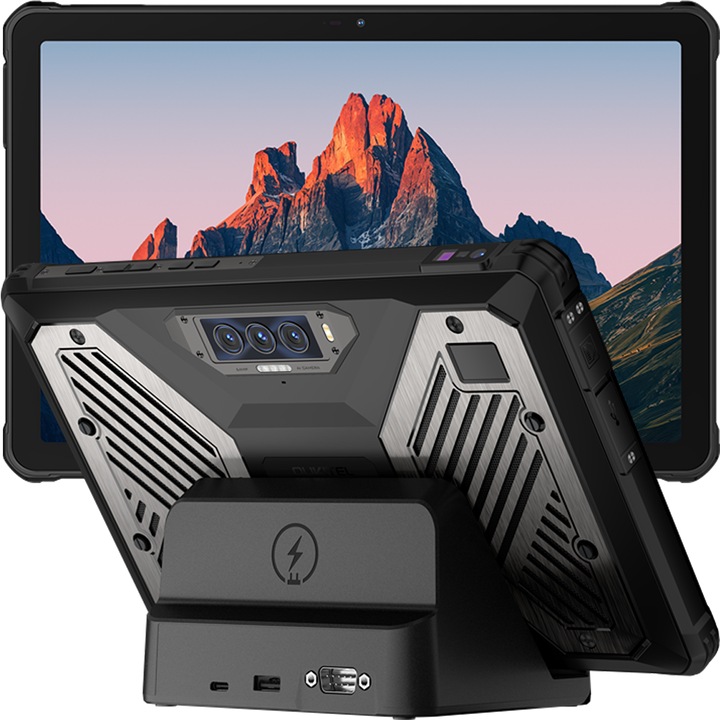 Tableta rugged profesionala Oukitel RT10 Industry, 5G, Wi-Fi, 11" 120Hz, Dimensity 7400X, 12GB RAM, 512GB, NFC, 2D Barcode Scanner SE4710, 12 PogoPins, USB, RS232, RJ45, FAP10, 25000mAh, Android 15