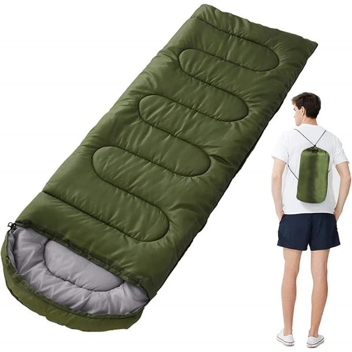 Sac de dormit turistic, 10T Outdoor Equipment, mumie, 180+30x75 cm, impermeabil, tot timpul anului, usor, hipoalergenic, umplutura sintetica, verde, husa