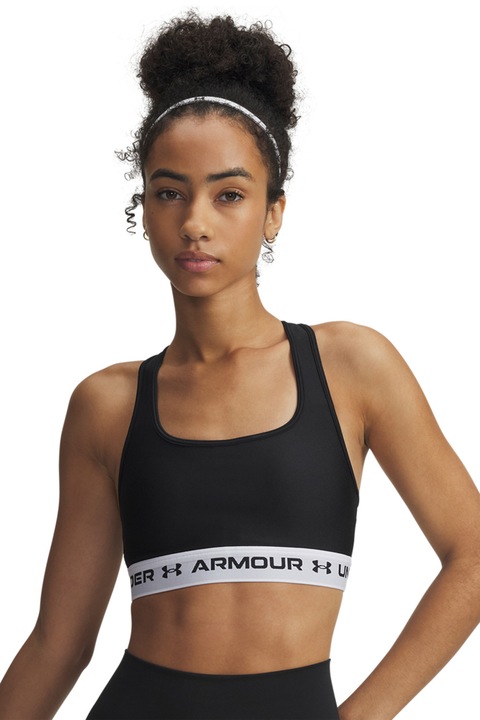 Under Armour, Bustiera cu sustinere medie si bretele incrucisate pentru fitness, Negru/Alb optic