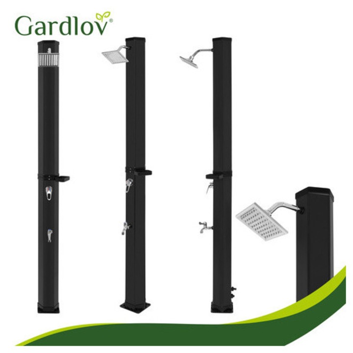 Dus solar gradina Gardlov, 40L, inaltime 216 cm, cap rotativ 360°, robinet, suport sapun, adaptor furtun, reglare temperatura pana la 60°C, Husa inclusa, Culoare negru