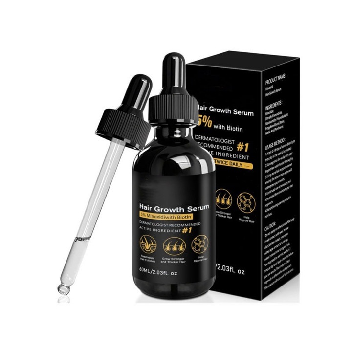 Tratament pentru par Lunoon Hair Growth Serum 5% Minoxidil, stimuleaza cresterea si previne caderea, cu biotina si vitamine, negru, 60ml
