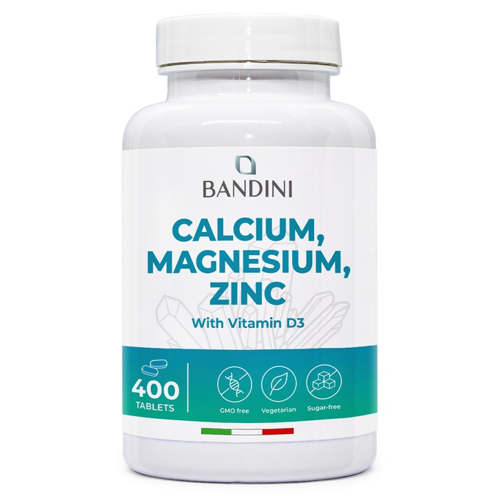 Bandini® Calciu, Magneziu, Zinc, Vitamina D3 + K2 MK7, 400 de comprimate vegetariene, cu cupru, seleniu, mangan, bor, Multivitaminic cu absorbtie ridicata, Oase, muschi, piele, par, imunitate