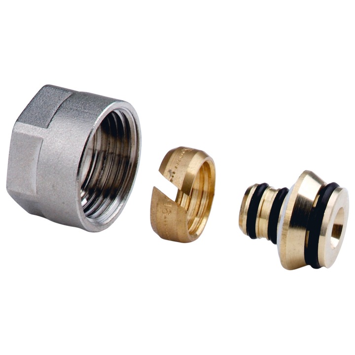 Racord de compresie Ferro pentru tevi multistrat DN16x2 mm, 3/4'', din alama CW617N, cu O-ring EPDM, alama/argintiu, 2 buc