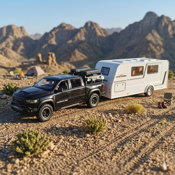Prémium Fém Makett 1:32: Hennessey Mammoth 1000 TRX Pick-up & CHUXAN Lakókocsi – Hátrahúzós, Fények, Hangok és Teljes Funkciók (Minden ajtó nyitható!), Fekete