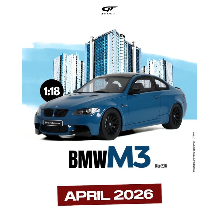 BMW M3 autómodell, kék, 2007, 1:18, GT941, GT Spirit