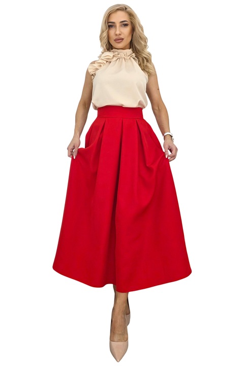 Fusta lunga evazata Mathilde, cu buzunare si pliuri, Rosu, Marime universala S/M/L