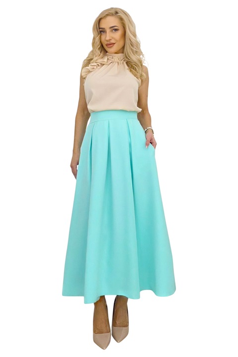 Fusta lunga evazata Mathilde, cu buzunare si pliuri, Turquoise, Marime universala S/M/L