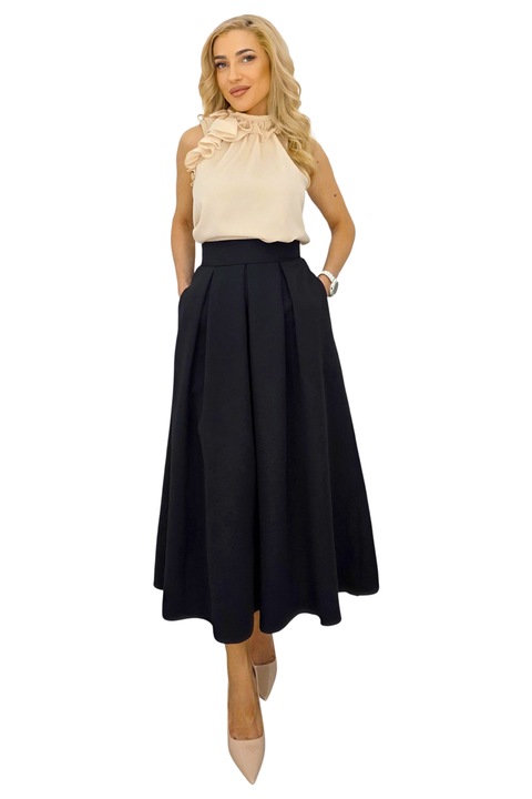 Fusta lunga evazata Mathilde, cu buzunare si pliuri, Negru, Marime universala S/M/L