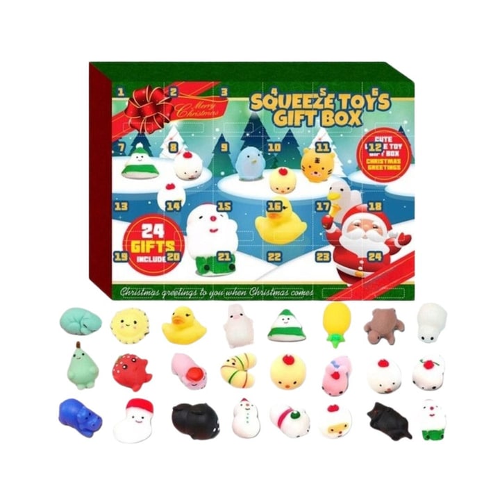 Календар адвент за деца с 24 изненади, многоцветни squishy mochi, коледен календар с 24 вратички, антистрес играчки, подарък за деца, 3+ години