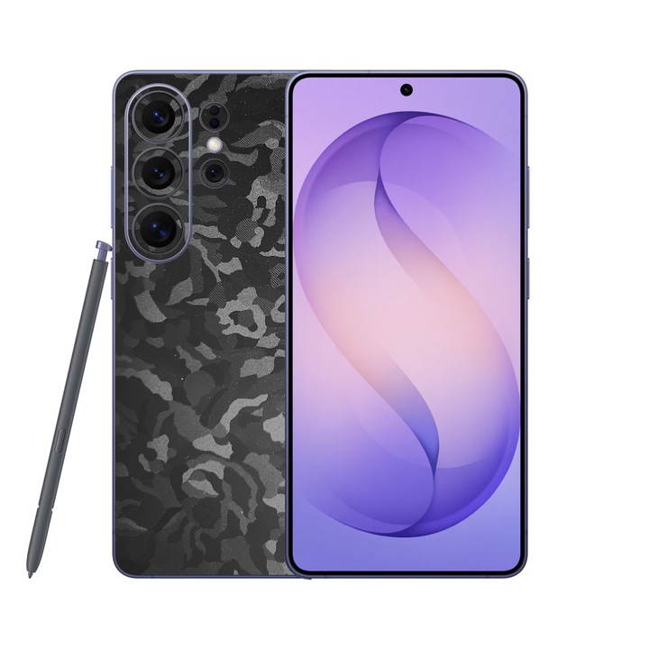 Folie iSkinz pentru Samsung Galaxy S26 Ultra - Camo Negru Black Shadow, Split Cut, Skin Adeziv Cover, Protectie pentru Carcasa Spate si Laterale