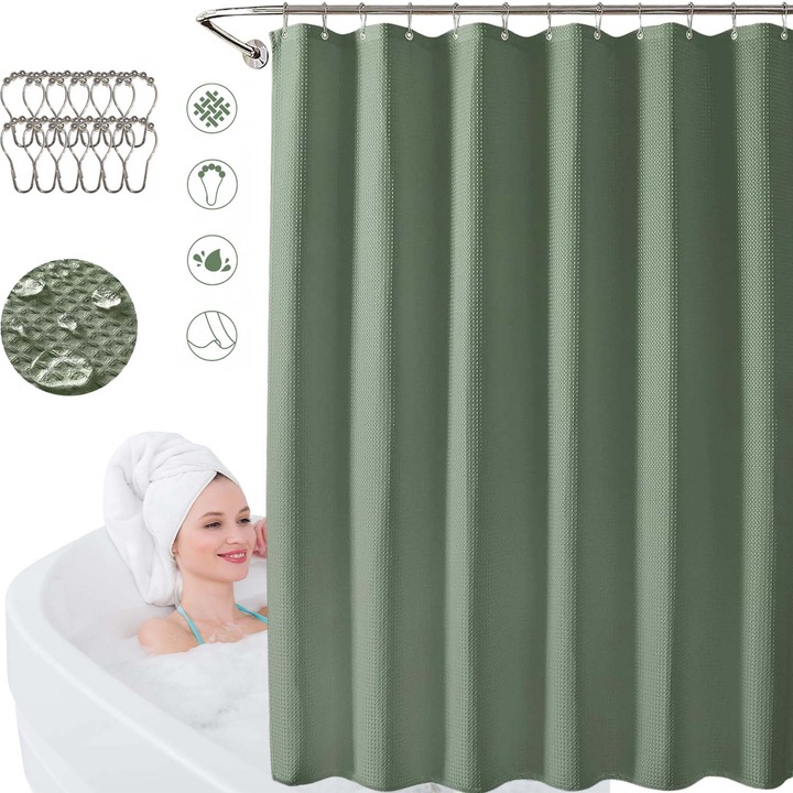 Perdea de dus, model cu textura waffle, impermeabil, anti-mucegai, usor de montat.Lavabil la masina.230 g/m², groasa si opaca, protejand eficient intimitatea personala.Potrivit pentru bai de acasa, hoteluri si sali de sport.Cu 12 carlige,180x200 cm, Verde