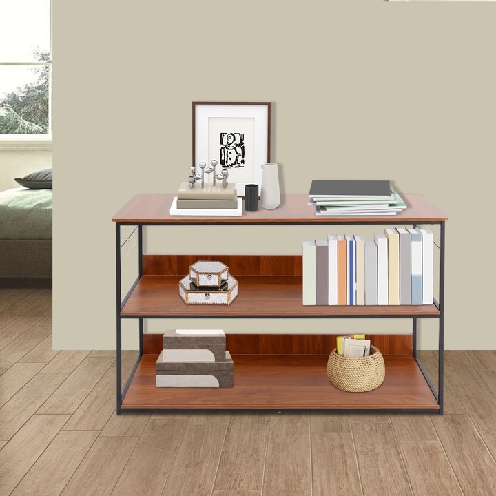 Biblioteca, Raft de depozitare, 2 Polite, Cadru din otel si MDF, 120×40×80 cm, Capacitate 35–40 kg, Distanta polite 35 cm, Nuc, maro ciocolatiu