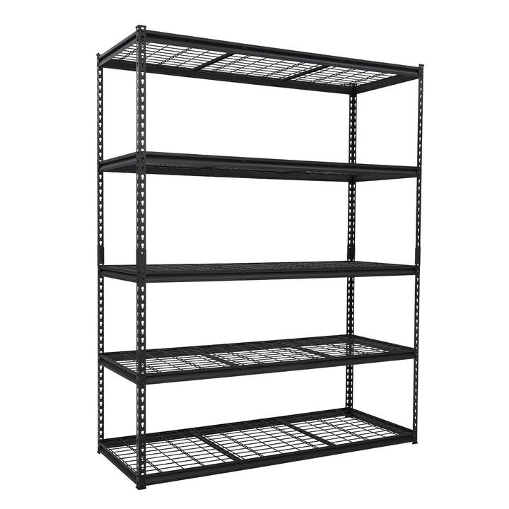 Raft metalic pentru garaj, Raft de depozitare cu 5 polite, 122x46x180 cm, Pentru sarcini grele, Rezistent la rugina, Autoportant, Negru
