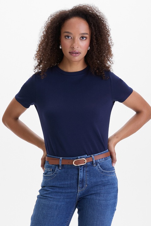 Orsay, Tricou din amestec de bumbac cu decolteu la baza gatului, Bleumarin