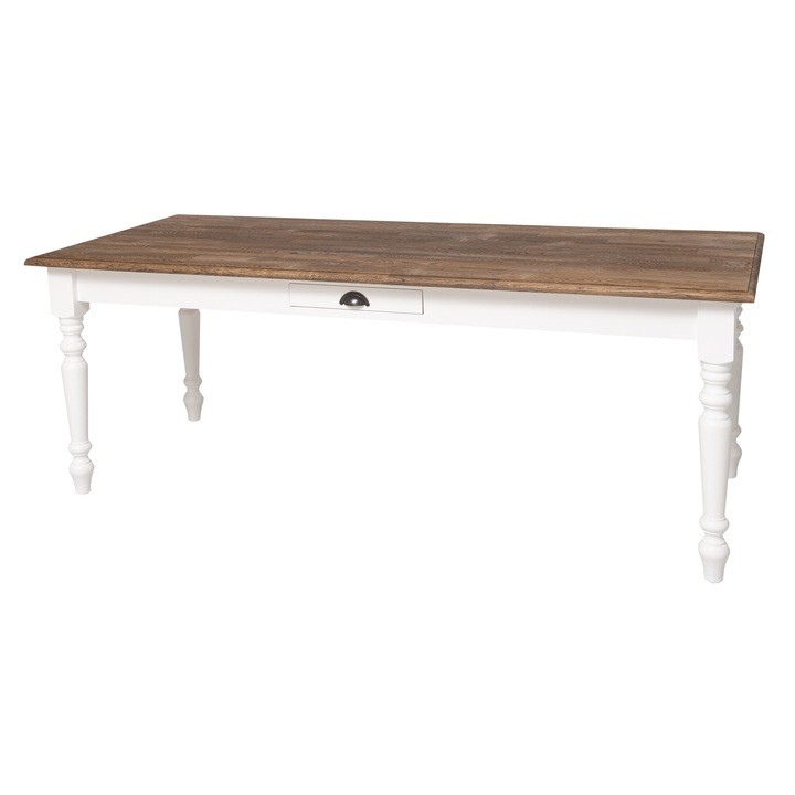Masa 210x90cm, blat stejar, dublu color, culoare blat maro P064, culoare corp alb P004, 100% lemn masiv, 210x90x78 cm